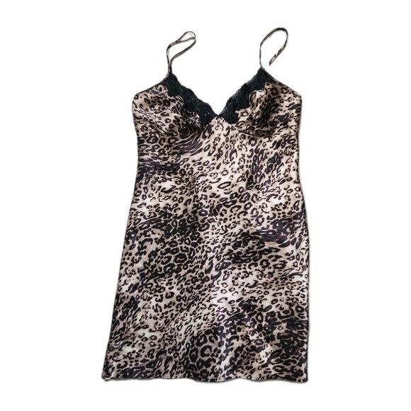 Secret Treasures Other - VTG Secret Treasures Leopard Satin Lace Trim Strappy Back Mini Slip Sz S EUC